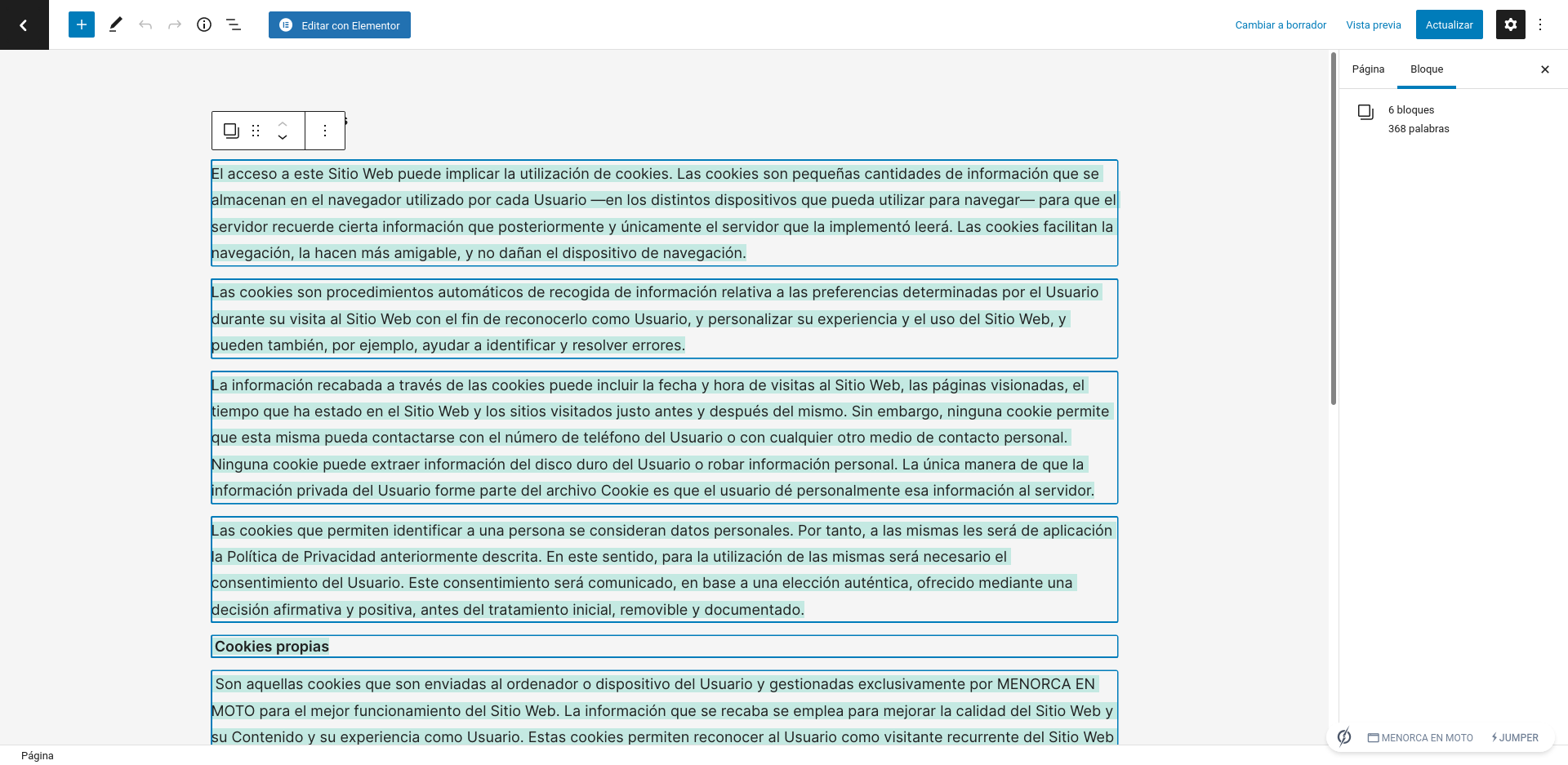 Párrafos seleccionados en el editor de páginas