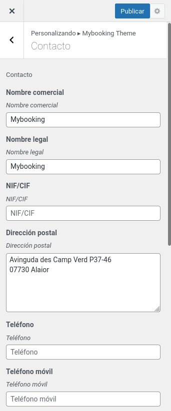 Panel de personalización  donde isertar los datos de contacto