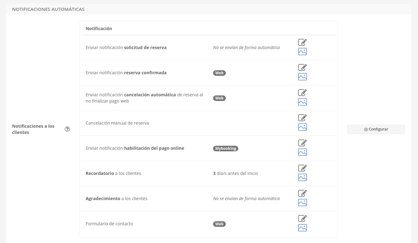 Captura de pantalla que muestra la configuración para editar notificaciones en Mybooking