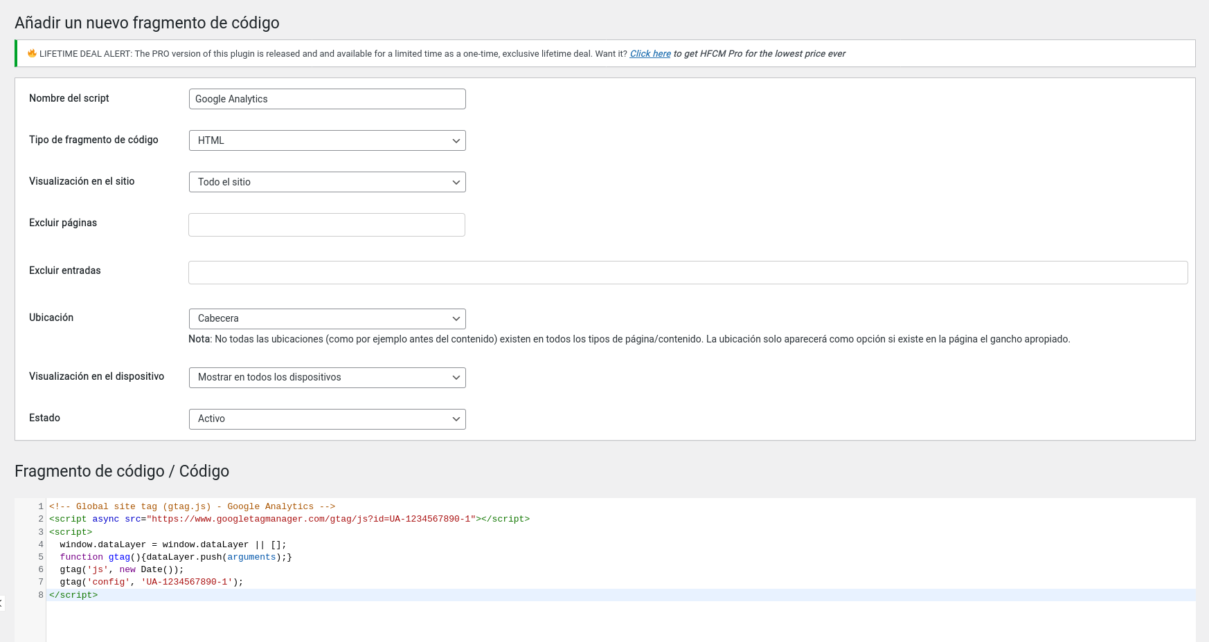 Captura de pantalla del plugin HFCM configurado para insertar el código de seguimiento de Google Analytics