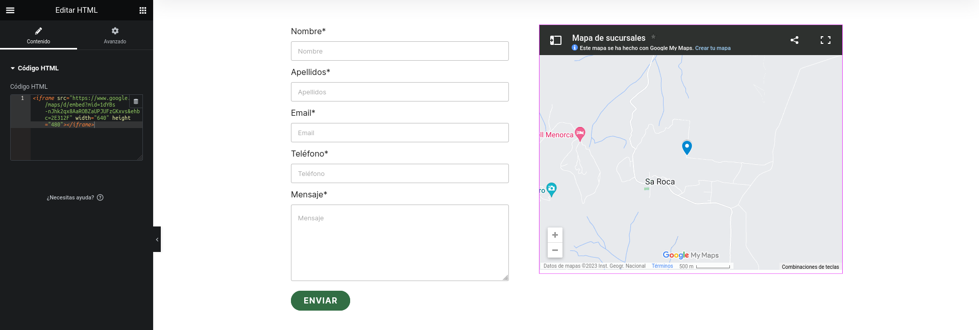 Captura de pantalla mostrando el widget HTML de Elementor y el código del mapa que proporciona Google
