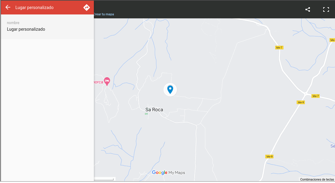 Aspecto del mapa personalizado tal y como se verá en tu sitio web al hacer clic en uno de los lugares insertados