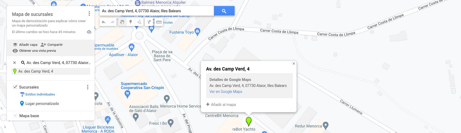 Captura de pantalla de Google MyMaps mostrando un lugar insertado buscando la dirección exacta