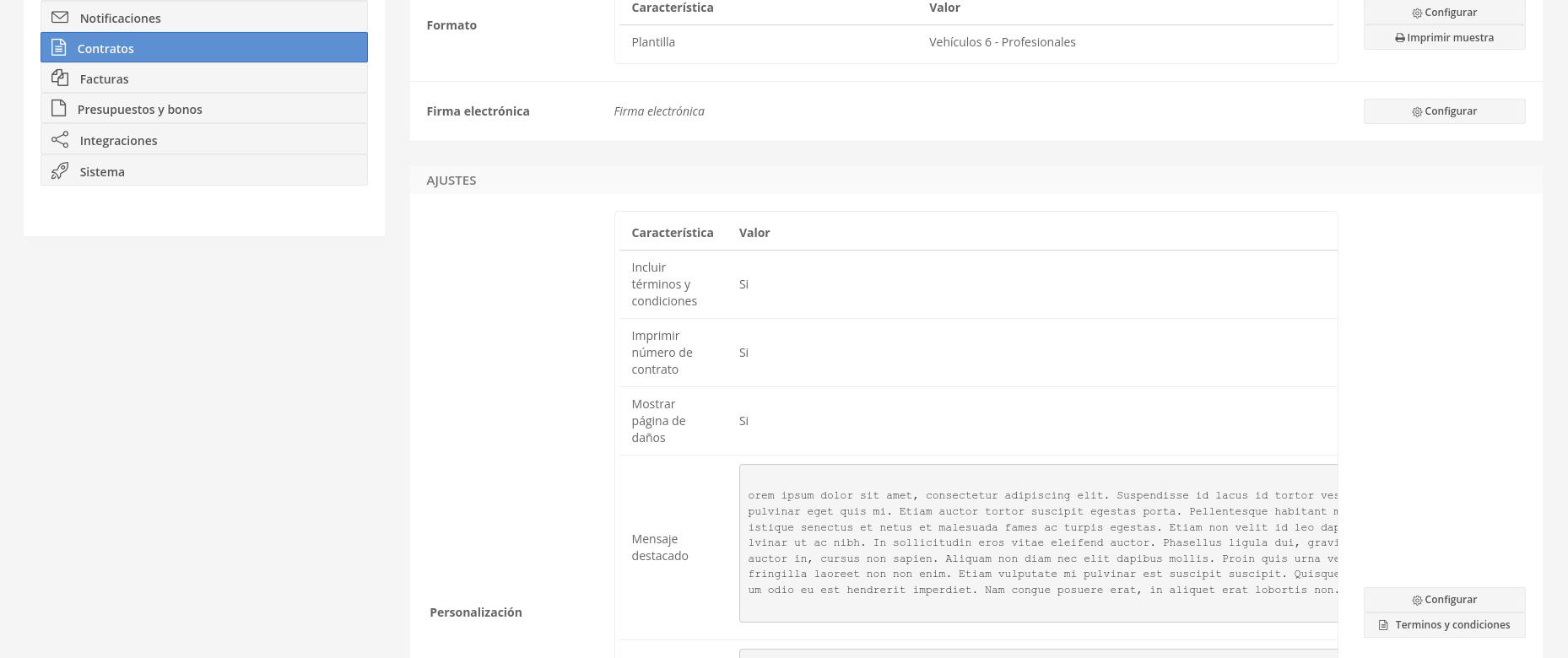 Captura de pantalla mostrando el apartado Personalizar de la sección Contratos de la Guía de configuración de Mybooking