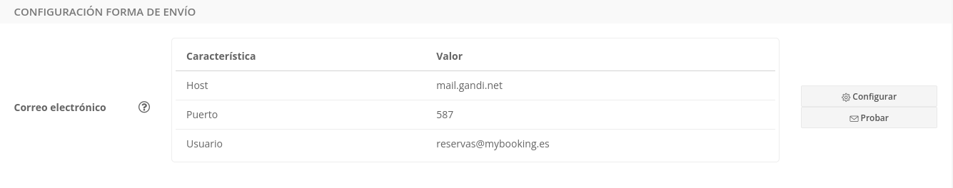 Captura de pantalla de los ajustes SMTP de una cuenta de Mybooking